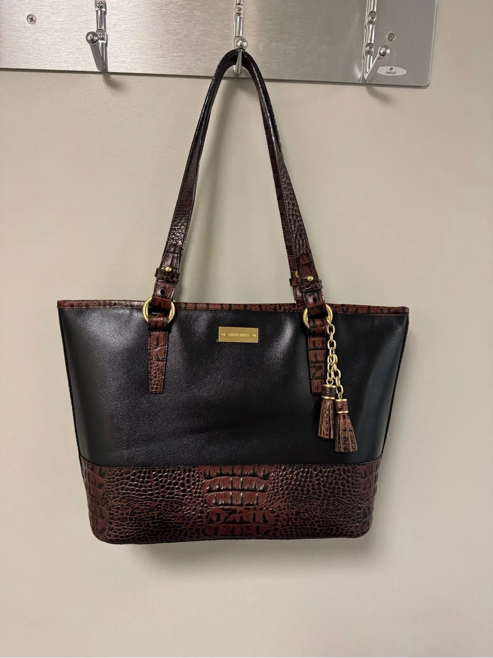 Brahmin Black and Brown Croc-Trim Shoulder Tote